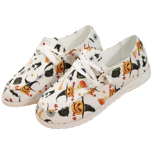 Women Halloween Pumpkin Print Canvas Loafers,Fashion Low Top Lace up Round Toe Slip-On Flats,Casual Comfortable Anti-Slip Walking Sneakers