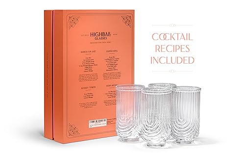 Vintage Art Deco Highball Gatsby Cocktail Glasses | Set of 4 | 14 oz Double HiBall Glassware for Drinking Mojito, Gin Rickey, Whiskey Highball, Classic Long Bar Drinks | Large Tall Tumblers