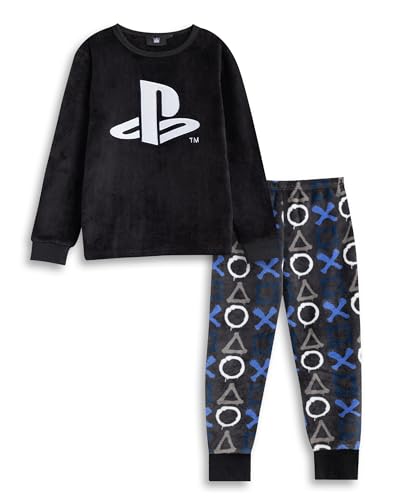PlayStation - PlayStation Boys Black Logo Long Sleeve Long Leg Pyjama Set | Cosy Fleece Sleepwear | Kids Nightwear for Bedtime & Sleepovers | Gaming Theme Lounge Suit Merch - 13-14 Years