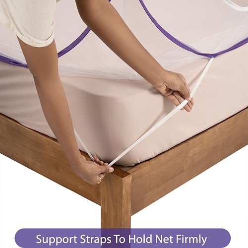 Image of Wakefit Mosquito Net for Double Bed | Queen Size Foldable Machardani | Polyester 30GSM Strong Net | Lightweight Breathable & Washable | PVC Coated Corrosion Resistant Steel Wire | Purple | 200x180 CM