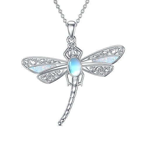 SIMONLY Opal Dragonfly Necklace 925 Sterling Silver Moonstone Turquoise Necklace Dragonfly Jewelry Christmas Birthday Gifts for Women Mom Her