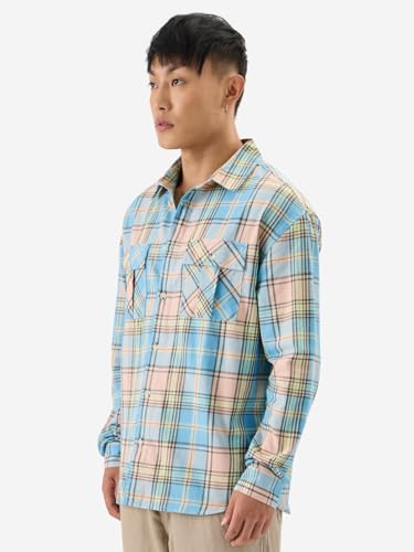 Image of The Souled Store Plaid: Blue, Yellow Men and Boys Long Sleeve Collared Neck Button Front Regular Fit Cotton Utility Shirts