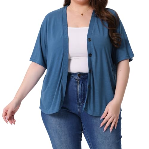 Image of Agnes Orinda Plus Size Cardigan for Women Button Down Sheer Round Neck Short Sleeve Knitted Sweater