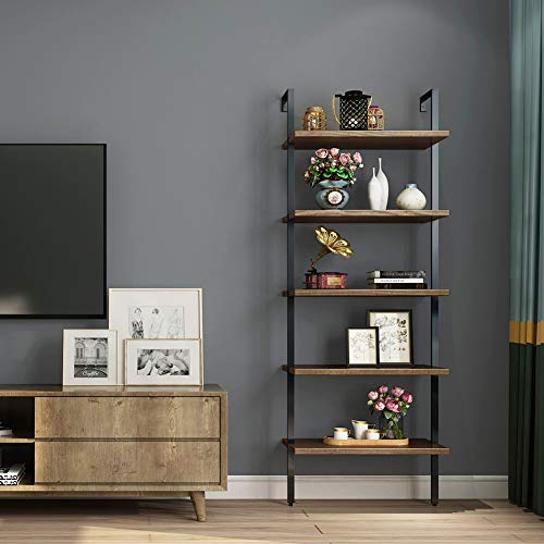 SUPERJARE Industrial Ladder Shelf, 5-Tier Wood Wall-Mounted Bookcase with Stable Metal Frame, 72 Inches Storage Rack Shelves Display Plant Flower, Stand Bookshelf for Home Office - Vintage Brown