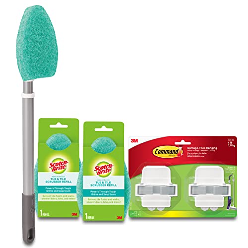 Image of Scotch-Brite Extendable Tub & Tile Scrubber Kit, Includes 1 Handle and 3 Non-Scratch Scrubber Pads + Command Broom and Mop Grippers, 2-Grippers, 4-Strips