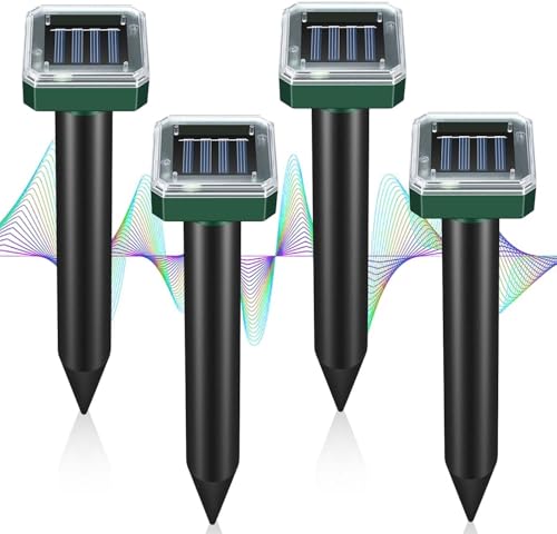 Ahuyentador de Topos, 4 Piezas Ahuyentador de Ratas, Repelente Ultrasónico de Ratones, Repelente de Topos Solares, Impermeable Ahuyentador de Ratas para Jardin y Cámping, Anti Topos Serpientes Ratones