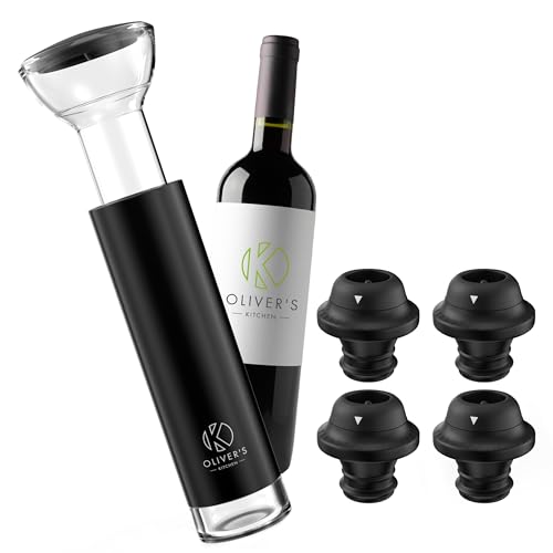 Oliver's Kitchen ® Premium Wine Saver - Vacuum Pump with 4X Wine Stoppers - Wine Stopper Keeps Wine Fresher for Longer - Wine Preserver Perfect for Cork Bottles - Perfect Wine Accessories Gift
