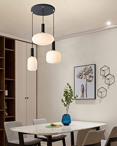 Suspension luminaire cuisine 3 lampes et grand lustre verre strié blanc moderne