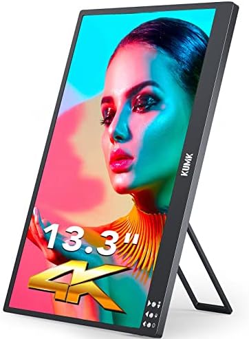 KUMK 4K Portable Monitor 13.3″ 3840×2160 UHD USB-C Laptop Monitor with Kickstand & Carrying Bag, Eye Care Screen HDR Speakers FreeSync External Gaming Monitor for Mac PC Phone Xbox Switch PS5/4, Black