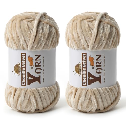 Image of 2 Pack Plush Chenille Chunky Yarn - Fluffy Velvet Yarns Crochet for Blanket Knitting and Crocheting - Soft Baby Yarn for Crocheting - Amigurumi Crochet Yarns 100g (87yds) (2 Beige)