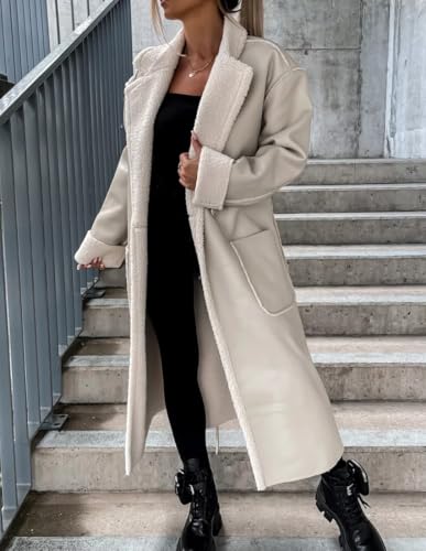 Women Trench Coat Long Loose Jacket Faux PU Leather Lamb's Wool Classic Soft Lapel Overcoat with Belt3