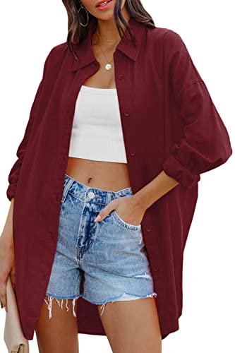 Image of FSHAOES Womens Oversized Button Down Shirts Casual Loose Long Sleeve Solid Lapel Long Blouses Tops with Pockets