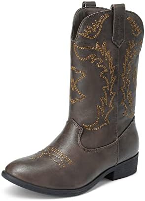 DREAM PAIRS Unisex-child SDBO214K Western Boots Boys Girls Mid Calf Riding Shoes Brown Size 4 Big Kid