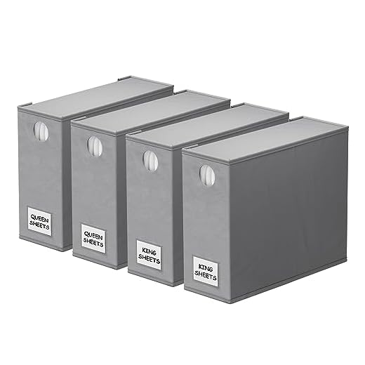 SpaceAid 4 Pack Bed Sheet Organizers and Storage, Foldable Organizer for Linen Closet, Sheets Set Folder Keeper with Window XL (Queen & King Size) Organizing Bedding Container, Gray 91ZDSN-SL01-G4