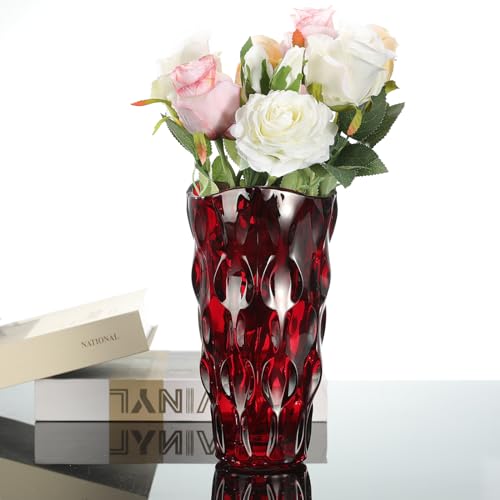 CEMABT 9.5inch 3.4 lb Glass Vases for Flowers Unbreakable Thickened Morden vase for Tables Centerpieces,Colorful,Vintage and Clear Rose Large Flower vases for Bouquet Unique Gifts(Red)