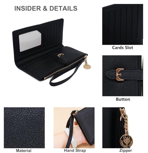 PORT&LOTUS Bifold Wallet with Zipper Pocket - PU Leather Zip Wristlet Wallet for Women - Black Slim Wallet for Cash and Cards4