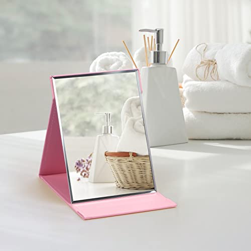 Zbeivan 10X7 Inches Portable Folding Makeup Mirror, Frameless Pu Leather Desk Mirror With Stand For Camping Travel Tabletop Personal, Pink #TOP6