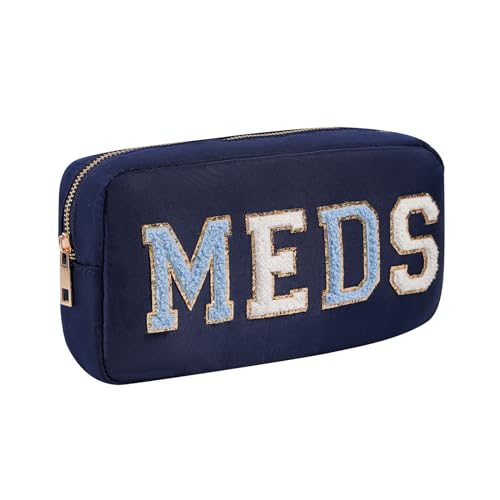 Paquete de medicamentos de nailon con parche de letras de felpilla, bonita bolsa de maquillaje de viaje con cremallera de metal, organizador de primeros auxilios, bolsa de cosméticos para mujeres y