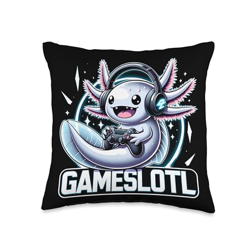 funny axolotl gaming shirts for kids by merch4life Gamesolotl Axolotl Gamer Kawaii Anime Kids Throw Pillow, 16x16, Multicolor