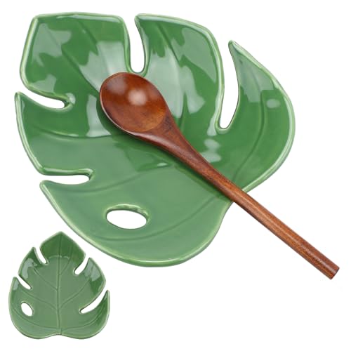 Ceramic Spoon Rest, Cute Green Leaf Shaped Spoon Rest, Tray Decorative Utensil Holder for Kitchen Countertop Cooking Kitchen Decor and Accessories