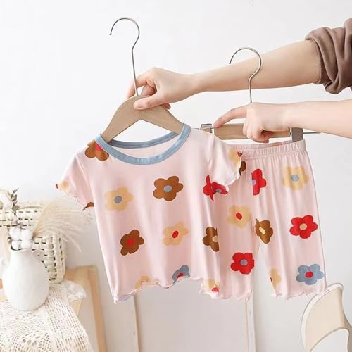 Kids Girls Stretch Cotton 𝐏a𝐣ama Set Floral Print 𝐏ajamas Short Sleeve Blouse and Pants Ruffle Trim Loung𝐞wear2