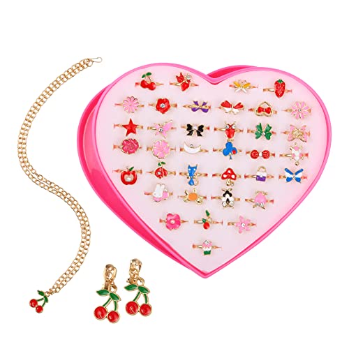 Lot de 39 bagues réglables pour enfants, bijoux pour filles, avec boîte en forme de cœur, pour jeu de rôle et pour enfiler des bagues, cadeaux de Noël et d'anniversaire pour filles Cover