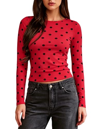 Women Red and Black Polka Dot Top Ladybug Costume Long Sleeve Crewneck Y2K Crop Tops Dots Print Stretch Slim Fit T Shirts(Black Red,Small)