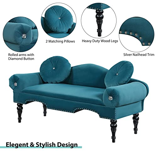 Gnixuu 54” Modern Small Loveseat Sofa, Mid Century Love Seat Couch Settee Velvet Tufted 2 Seater Couches Bedside Entryway Bench With 2 Pillows Nailhead Trim For Bedroom, Living Room(Teal) #TOP3