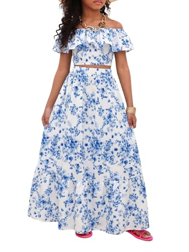Image of BEAUDRM Girl's Summer Outfits Tropical Summer Dress Hawaiian Off Shoulder Tops and Ruffle Skirt Set Vacation Beach Clothes