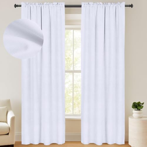 100% Blackout Shield White Blackout Curtains for Bedroom 63 Inches Long 2 Panels Set, Linen Textured Blackout Curtains, Thermal Insulated Rod Pocket Window Curtains & Drapes, 50W X 63L, Bright White