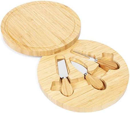 woodluv Round Wooden Cheese Board Set With Groove and With Integrated Drawer & 3 Cheese Knives, 23 x 23 x 3.8cm