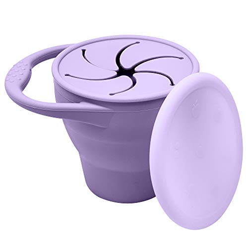 BraveJusticeKidsCo | Snack Attack Snack Cup | Collapsible Silicone Snack Container | Toddler and Baby Snack Catcher Lid (Purple)