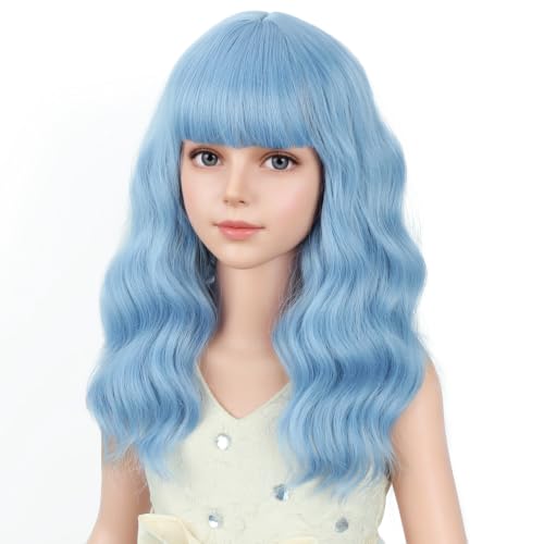Image of PATTNIUM Light Blue Wig Short Blue Wigs with Bangs Shoulder Length Wavy Heat Resistant Synthetic Wig