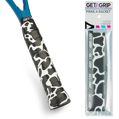 GET A GRIP - Custom Tennis Racket Grip Tape - Anti-Slip/Quick-Drying Tennis Overgrips - Precut Badminton Racket Grip with Finishing Tape - Squash Racket Grip Tapes (Cow-A-Bunga, 1 Grip)