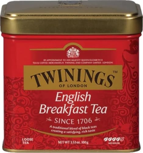 Image of Twinings English Breakfast Loose Tea Tin, 3.53 Ounce Tin (Pack of 1) | Our Most Popular Tea, From Kenya & Assam, Smooth, Full-Bodied, Naturally Caffeinated, 1-100g Reusable Tins, Enjoy Hot or Iced