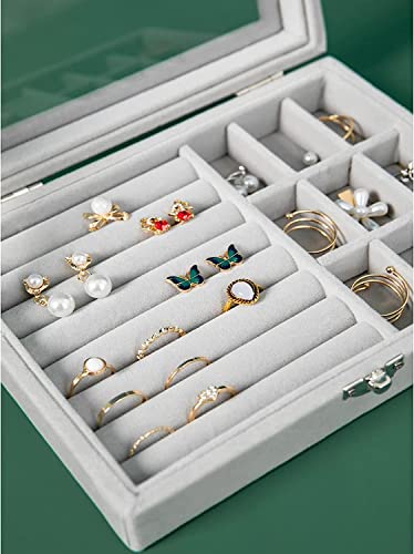 Image of BucketList Women's Velvet Glass Ring Earrings Jewelry Box - Display Storage Showcase Holder Organizer (Small 9 Grid 9 Rows-Grey)