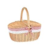 Nasliana Wicker Basket with Handle,Picnic Baskets with Lid Large Hamper Empty Woven Storage Container Little Red Riding Hood Costume Kids Natural Willow Wicker Rattan Wood 26cm,for Shopping Gifts Empt