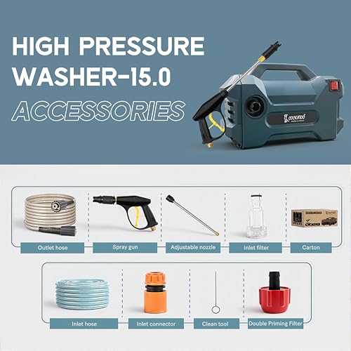 Image of Cockatoo RinseSmart15W High Pressure Washer, Corded Electric 1500W 2.5HP, 96 Bar, 6L /Min Flow, Aluminium Motor, 7m Hose, Foam Spray Gun - Car, Bike, Patio, Garden, Vehicle, Outdoor Cleaning Dark Teal