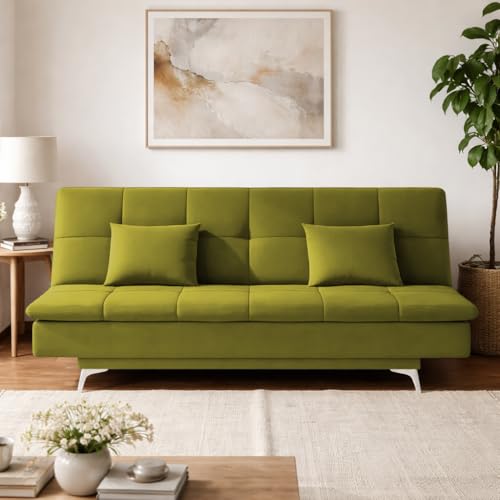 Image of Adorn India Premium New Aspen 3 Seater Sofa Cum Bed 4X6 Velvet Suede with 2 Cushions (Color Light Green) and Suitable for All Indoor, with 3 Years Warranty