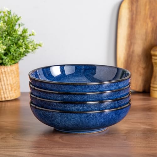 vancasso Stern Large Pasta Bowls Set of 4, 38 Oz Ceramic Salad Plate Bowls for Serving, Kitchen Stoneware Wide Bowls for Soup, Pasta, Salad, Cereals, Microwave Oven Safe, Reactive Glaze-Blue