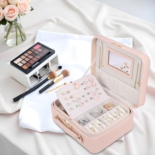 Image of BUCKETLIST PU Leather Jewellery Organizer Box with Mirror & Necklace Hooks | Large Multi-Compartment Jewelry Storage Case with Removable Tray & Mini Travel Box (Luxury Jewelry Box with Mirror (Pink))