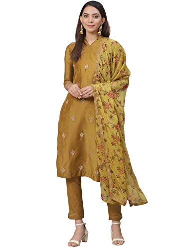 Image of AKHILAM Women's Chanderi Cotton Embroidered Unstitched Salwar Suit Material (Red 32DMK80 M Parent)