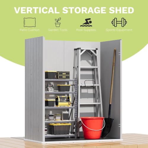 Image of Devoko 5x3 Resin Outdoor Storage Shed with Floor, Waterproof Plastic Outdoor Tool Cabinet with Lockable Doors for Lawn Backyard Garden, Light Gray