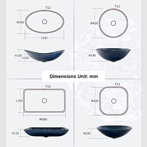 Shower Set Bathroom Vessel Sink Tempered Glass Vessel Sink Artistic Vessel Sink Vanity Counter Top Installation Bathroom Vanity Sinks with Faucet and Pop Up Drain (Size : 56x36x11cm)
