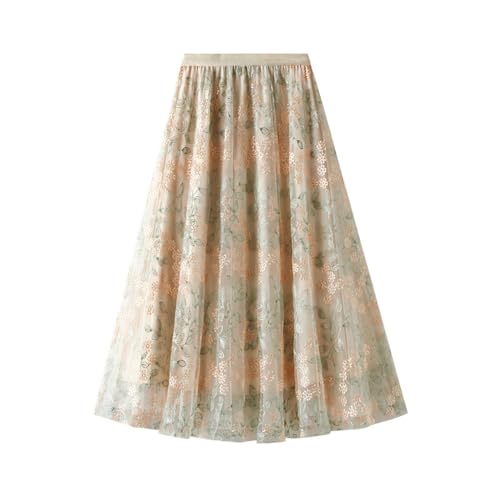 Floral Tulle Skirts for Women High Waisted A Line Pleated Skirt Fashion Embroidery Mesh Skirts Party Wedding Skirt Apricot