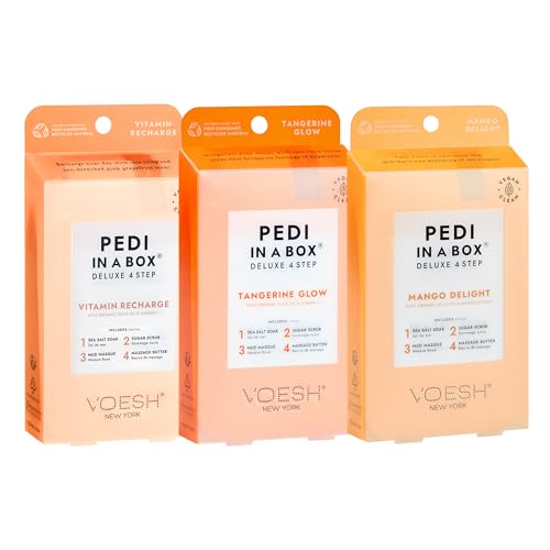 VOESH Pedi in a Box Trio fruité en 4 étapes – Lot de 3 paquets de mangue et de recharge de vitamines, pédicure à domicile, soins des pieds végétaliens,...