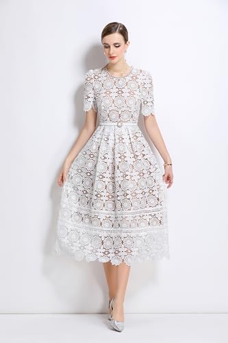 LAI MENG FIVE CATS Women's Flowy Lace Floral Hollow Out Short Sleeve Dress with Belt4
