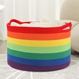 Eblog Large Blanket Basket (20'x13'),Woven Basket for Storage Dirty Clothes Basket for Laundry, Living Room, Nursery, Bedroom Rope Storage Basket for Blankets（Rainbow)