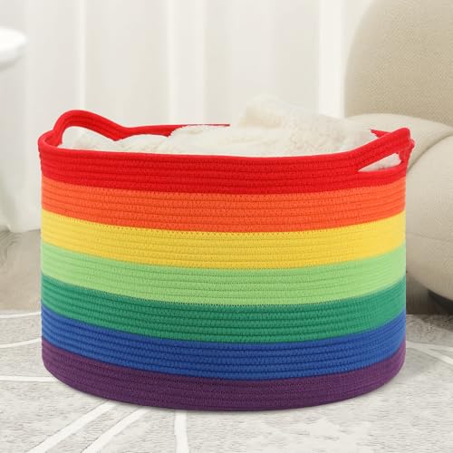 Eblog Large Blanket Basket (20"x13"),Woven Basket for Storage Dirty Clothes Basket for Laundry, Living Room, Nursery, Bedroom Rope Storage Basket for Blankets(Rainbow) by Eblog - Used condition - US$18.99