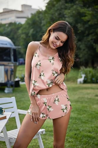 Image of Ekouaer Silk Pajamas Set for Women Satin Backless Lingerie Pjs Cami Top and Shorts Nightwear